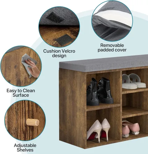 Vista 5 de Banco de almacenamiento de 10 compartimientos, zapatero de 3 niveles, estante ajustable, cojín extraíble, negro, madera de ingeniería Marrón