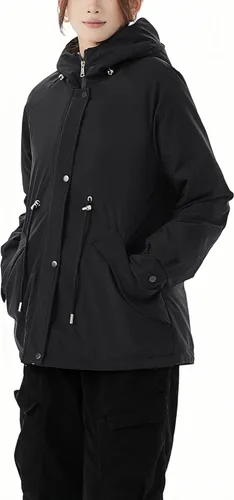 Vista 5 de JiangWu - Chaqueta con capucha de estilo Sherpa para mujer, forro polar grueso, abrigada para invierno A-Negro