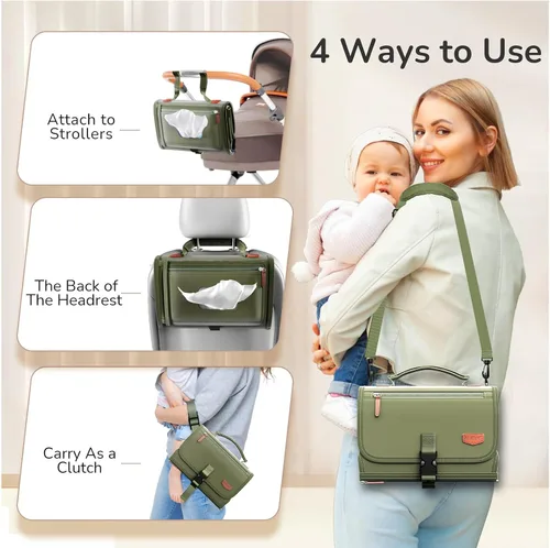 Vista 6 de Cambiador de pañales portátil con correa para el hombro, cambiador de viaje desmontable con bolsillo para toallitas para bebé, regalos para baby