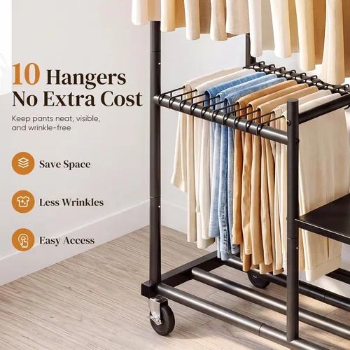 Vista 6 de HOKEEPER Clothes Rack, Double Rods Rolling Clothing Rack for Hanging Clothes, Portable Garment Rack with 3-Tier Storage Shelves, Free Standing