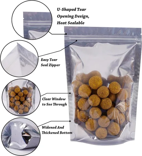 Vista 2 de Paquete de 100 bolsas de Mylar para almacenamiento de alimentos, papel de aluminio resellable, bolsa transparente de pie con ventana frontal de 3.94