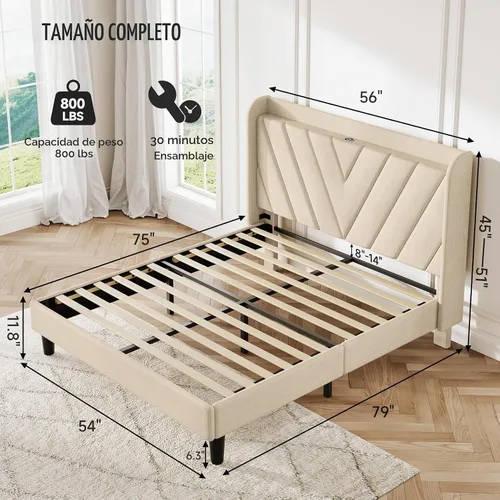 Vista 2 de koorlian Marco de cama tamaño matrimonial, Marco de cama tamaño matrimonial con cabecero, Marco de cama tapizado ajustable con puerto tipo C y USB