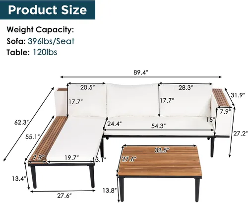 Vista 4 de KLMM Sofá modular de madera de acacia en forma de L para patio con cojines extraíbles y mesa auxiliar, juego de conversación al aire libre con mesa