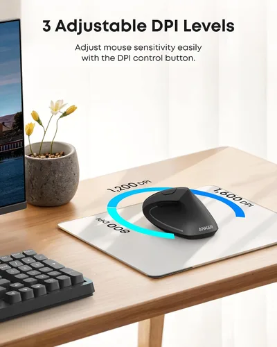 Vista 3 de Mouse óptico, ergonómico, vertical e inalámbrico 2.4G de Anker, modelos 800/1200/1600 ppp, con 5 botones y en color negro