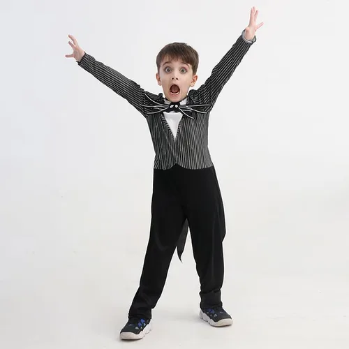 Vista 6 de Lgandpg Disfraz de Jack de Pesadilla para niños, overol Skellington para Halloween, Navidad, disfraz con máscara