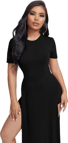 Vista 4 de Verdusa Vestido largo de manga corta con cuello redondo y corte corto para mujer