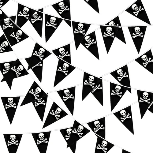 Vista 8 de MARFOREVER Bandera de Banderín Pirata de 100 Pies, 48 Piezas de Banderas de Banderín Triangular Pirata, Decoraciones de Fiesta de Cumpleaños