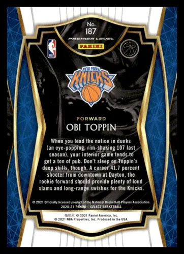 Vista 2 de 2020-21 Panini Select #187 Obi Toppin Premier Level NM-MT New York Knicks Basketball Trading Card