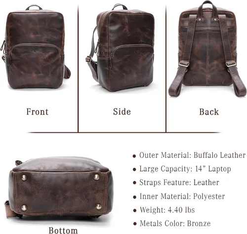 Vista 5 de Mochila de cuero hecha a mano para hombres y mujeres, bolsa para laptop de 15.6 pulgadas, cuero genuino, estilo retro, casual, para universidades