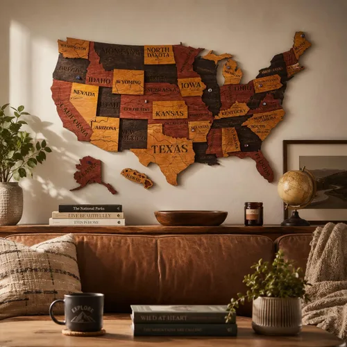 Vista 7 de Mapa de madera de EE. UU. lugares visitados - Mapa de madera de Estados Unidos con pines - Arte de pared decorativo 3D de rastreador de viajes