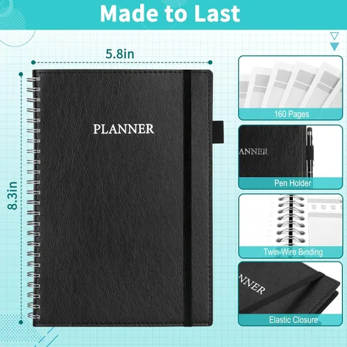 Vista 6 de Forvencer - Agenda diaria duradera sin fecha, A5 (5.8 x 8.3 pulgadas), cuaderno mejorado de piel sintética con horario por horas, organizador