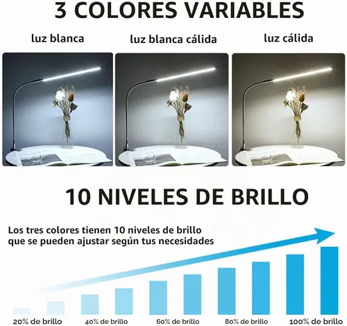 Vista 2 de Lámpara de escritorio con abrazadera, 3 modos, 10 brillo, rotación de 360°, luz de lectura para cuidado de los ojos, cuello de cisne flexible de 8 W