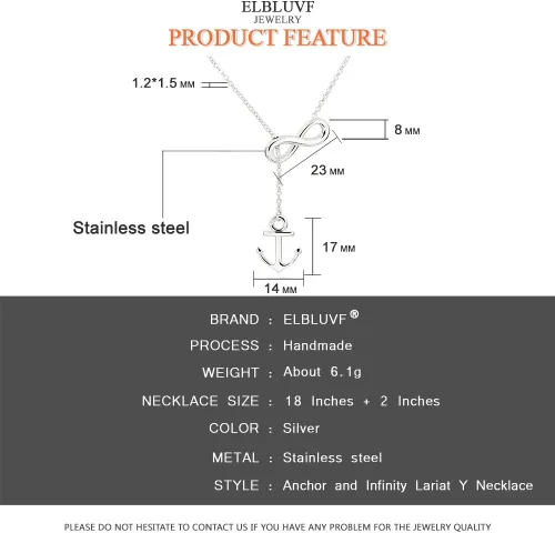 Vista 4 de Collar de acero inoxidable con ancla infinita en forma de Y, estilo lariat, 18.0in para mujer, 3