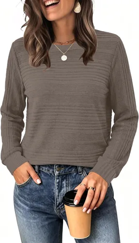 Vista 13 de WIHOLL Camisetas de manga larga para mujer, trajes de otoño, camisas de Caqui