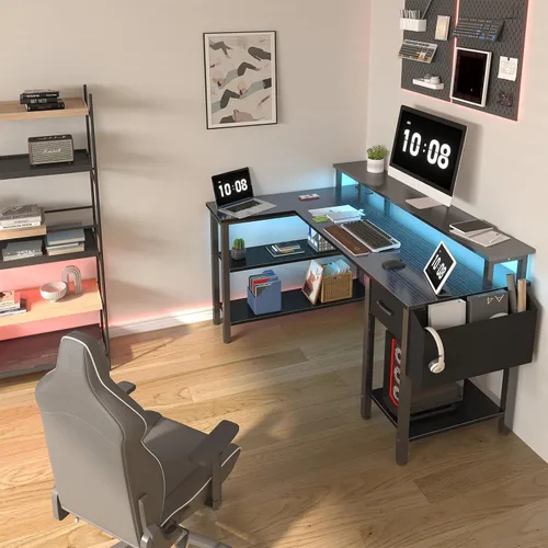 Vista 2 de Lufeiya Escritorio para juegos en forma de L con cajones de tela y estantes de almacenamiento, escritorio de oficina en casa de 47 pulgadas con Negro