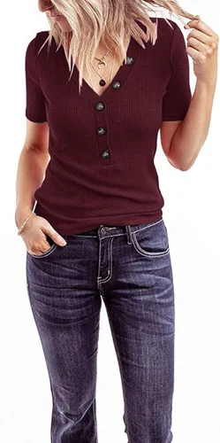 Vista 2 de MEROKEETY Camisetas básicas de manga corta con cuello en V y botones acanalados para mujer