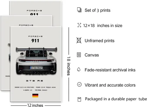 Vista 2 de VejiA Póster de automóvil en lienzo para pared, póster 911 GT Turbo para hombres, decoración estética de dormitorio (12 x 18, sin marco 2)