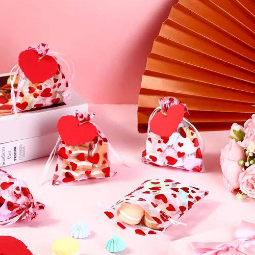 Vista 5 de Windyun 300 bolsas de regalo para el día de San Valentín, bolsas de dulces de San Valentín, bolsa con cordón de corazón, regalos para el día de San