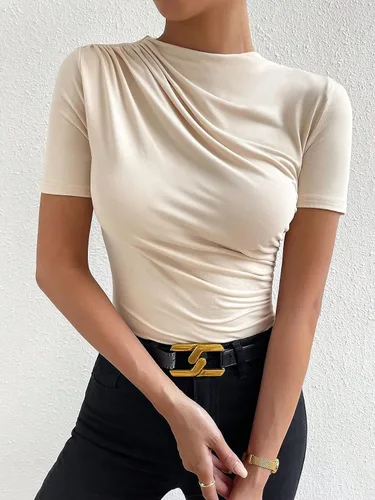 Vista 2 de Milumia Camiseta casual de manga corta con cuello alto falso para mujer