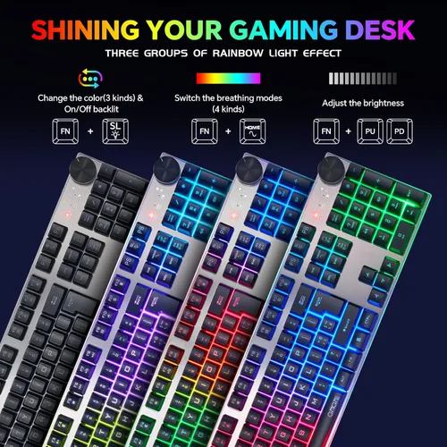 Vista 4 de Teclado y mouse inalámbricos para juegos con perilla y combo de mouse USB dongle 2.4G recargable con batería de 3000mAh, panel de acero inoxidable