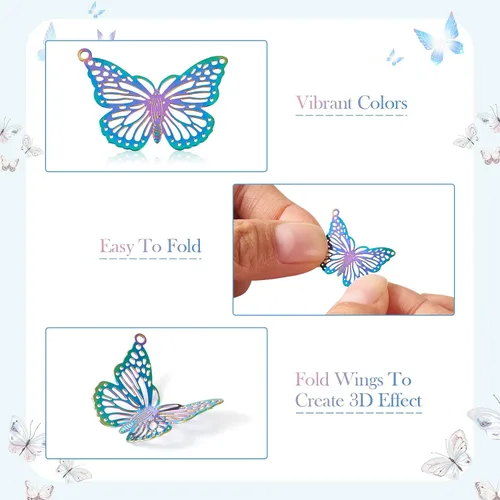 Vista 2 de Pandahall - 48 colgantes de acero inoxidable con diseño de mariposa y filigrana de colores, dijes de mariposa de animales, adornos de metal grabado