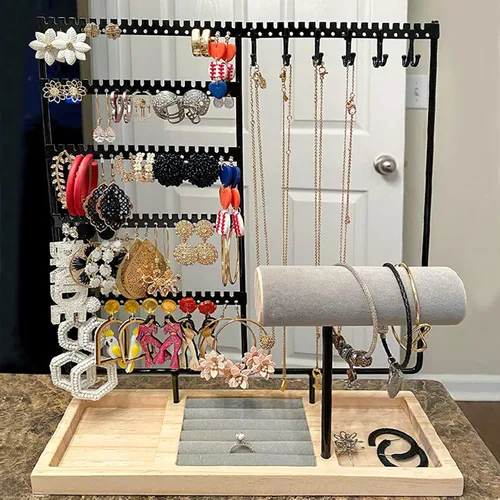 Vista 6 de HINIHAO Soporte para aretes, organizador de joyas, soporte para collares, estante de torre de joyería de 5 niveles, 108 agujeros, 12 ganchos