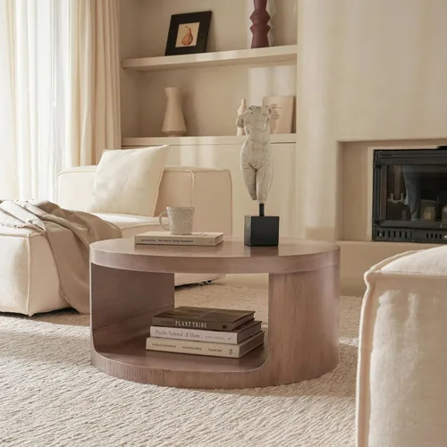 Vista 6 de Mesa auxiliar redonda con almacenamiento, mesa moderna de sala de estar de 31 pulgadas, mesas centrales de madera circulares de 2 niveles para Rosa