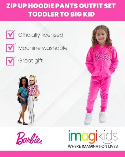 Vista 3 de Barbie Conjunto familiar de terciopelo con capucha y pantalones con cremallera a juego para niñas pequeñas y adultas