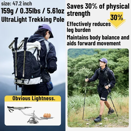 Vista 3 de Naturehike - Bastón de trekking de fibra de carbono 3K plegable y telescópico de 3 secciones ultraligero para mujeres y hombres, bastón