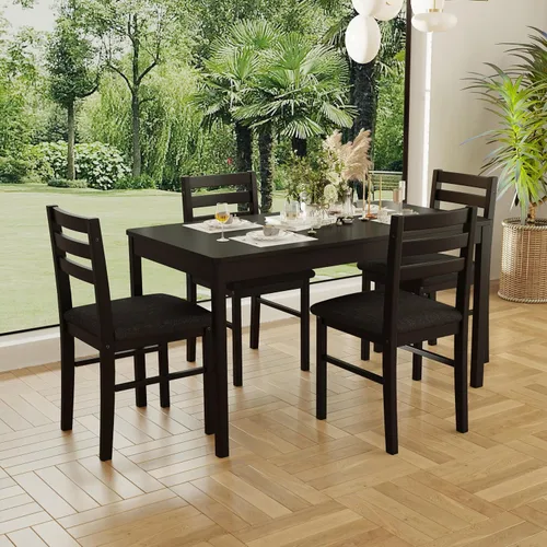 Vista 3 de Juego de Mesa de Comedor Rectangular Moderna de Madera Maciza de Interior de 5 Piezas para 4, Mesa y 4 Sillas con Cojines Suaves para Cocina, Bar