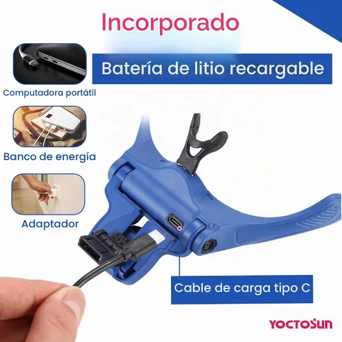 Vista 4 de YOCTOSUN - Gafas de aumento con luz, lupa de diadema manos libres con 4 luces LED y 5 lentes desmontables de 1X a 3.5X, lupa de cabeza recargable