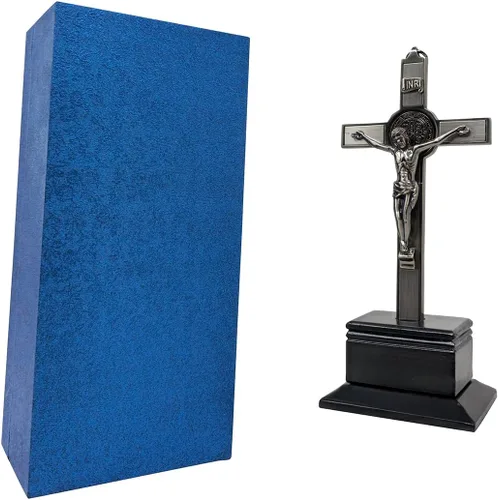 Vista 7 de Dvdmatinemovies - Crucifijo de metal de San Benito - Cruz de pared religiosa de 9 pulgadas y cruz de mesa con Jesucristo e INRI - Crucifijo de metal