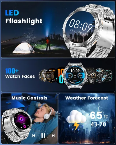 Vista 3 de Military Smart Watches for Men with Bluetooth Call, 1.6" AMOLED Waterproof Smartwatch with Flashlight, 110+ Sport Modes, 600mAh Heart Black