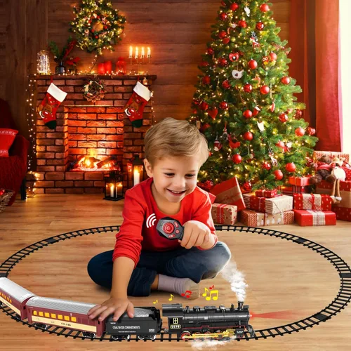 Vista 5 de Conjunto de Tren Hot Bee para Niños, Juego de Tren de Navidad con Control Remoto con Locomotora de Vapor, Coches de Pasajeros Ligeros y Pistas