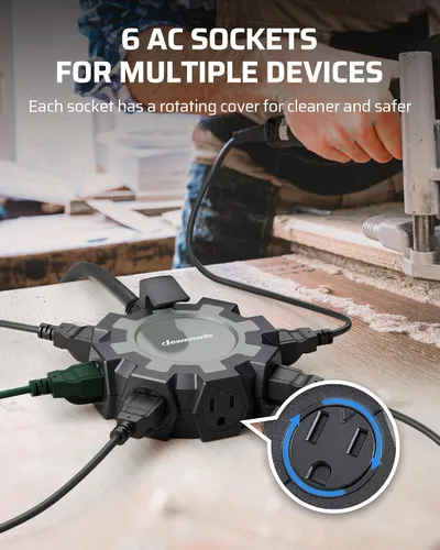Vista 4 de DEWENWILS Regleta de alimentación industrial con concentrador de alimentación de 6 tomas, cable de extensión resistente de 15 pies para garaje, Negro