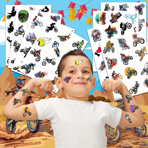Vista 3 de Tatuajes temporales para motocross, 96 piezas (8 hojas) pegatinas de tatuaje falsas para niños y niñas Suministros para fiestas de cumpleaños