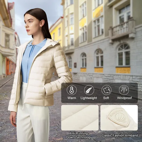 Vista 5 de BOSIDENG Chaqueta ligera para mujer, resistente al agua, con capucha, acolchada, abrigo de invierno para viajes al aire libre
