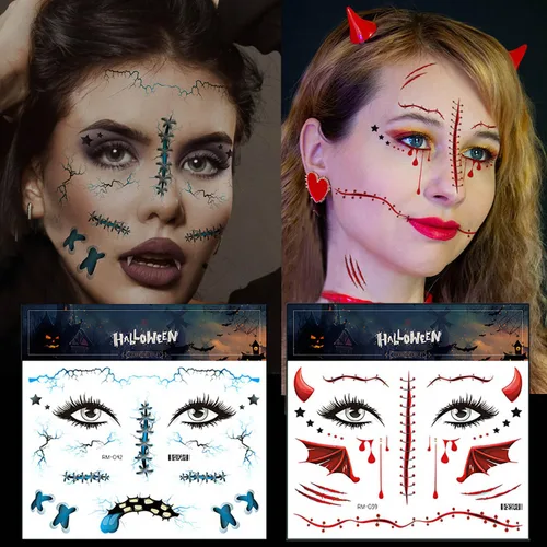 Vista 5 de Más de 260 piezas de 36 hojas de tatuajes falsos para Halloween, tatuajes de maquillaje de zombies temporales realistas, tatuajes de cicatrices