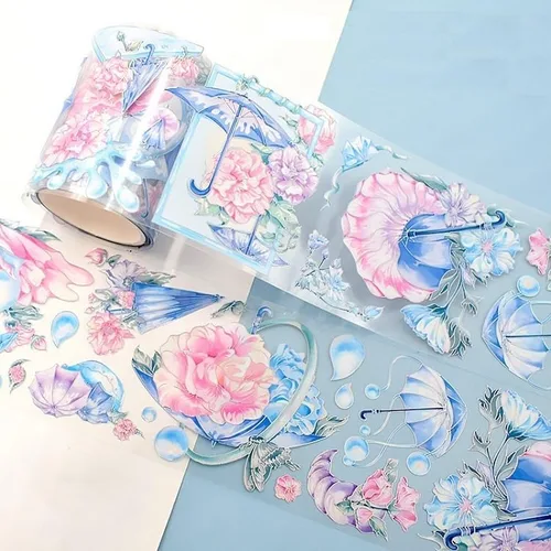 Vista 8 de Cinta washi de rosa para collage original de flores, creatividad, hecha a mano, para libro de diario, material PET con efecto láser (90387)