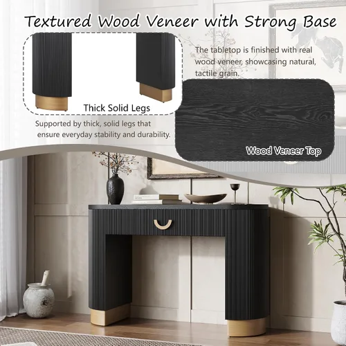 Vista 5 de Mesa consola moderna con diseño acanalado vertical, mesa de entrada de almacenamiento compacta con cajón funcional para sala de estar Negro-ww33
