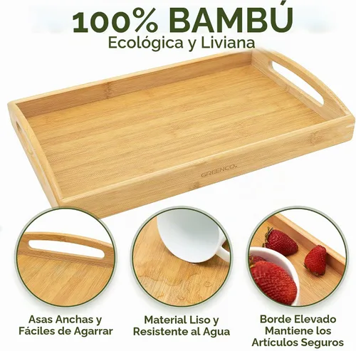 Vista 3 de Greenco Bandeja rectangular de bambú para servir mayordomo con asas, bandejas de cama para comer, bandeja de cama, bandeja de desayuno
