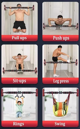 Vista 6 de Barras de dominadas portátil horizontal, seguro antideslizante para puerta corredor colgante equipo de fitness, con anillo y columpio para niños