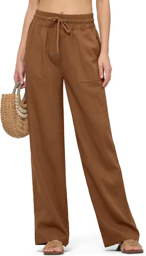 Vista 27 de Willit Pantalones de lino para mujer, pantalones palazzo de pierna ancha Khaki - Actualización