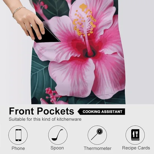 Vista 5 de MUSM Hawaii Pink Flower Apron，Classic Vintage Funny with Pockets Aprons,Adjustable Bib Waterdrop Resistant for Kitchen Cooking Restaurant BBQ
