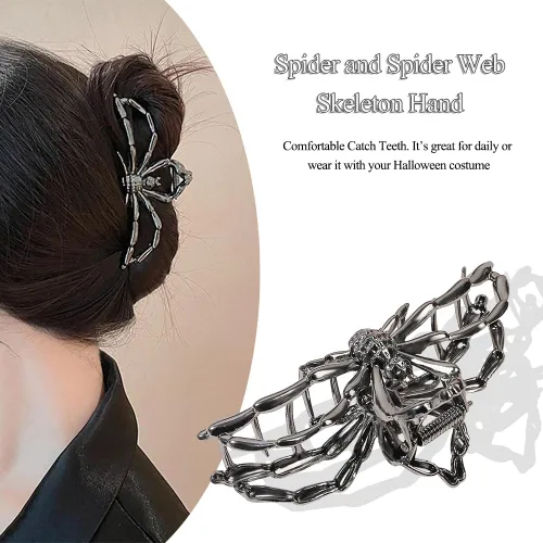 Vista 5 de 3 pinzas para el cabello en forma de garra con diseño de telaraña negra, mano de esqueleto y calavera para mujeres y niñas, de metal hiphop