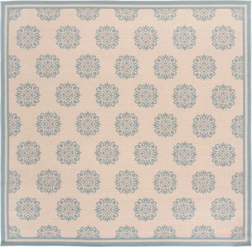 Vista 3 de SAFAVIEH Alfombra lavable al aire libre Linden Collection – 6 pies 7 pulgadas, cuadrada, aguamarina y crema, no desprende pelusa y fácil de limpiar