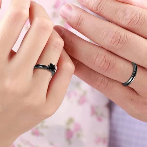 Vista 2 de Conjunto de canal solitario de circón negro anillo de compromiso de eternidad anillo de compromiso de 2 piezas para mujer conjuntos de anillos