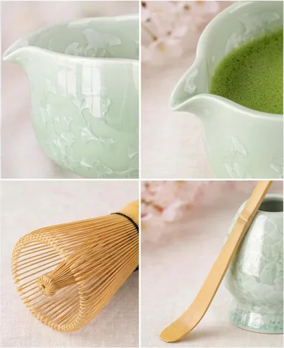 Vista 5 de Juego de batidor de matcha, kit de 4 piezas con cuenco de matcha de cerámica, batidor de bambú, soporte para batidor, scroop - Juego completo de té