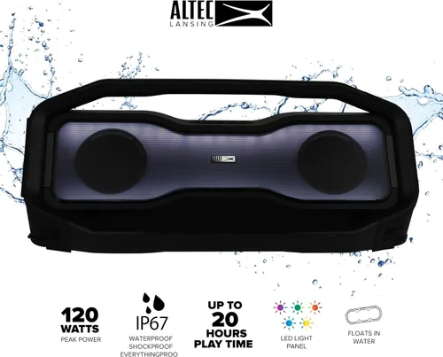 Vista 2 de Altec Lansing Rockbox XL 2.0 Altavoces Bluetooth inalámbricos portátiles con luces LED, impermeables IP67 y duraderos para exteriores, 20 horas