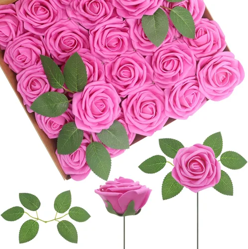 Vista 28 de 25 rosas realistas negras, flores artificiales de espuma de látex con tallos flexibles y 8 hojas para decoración de bodas, hogar y fiestas Negro